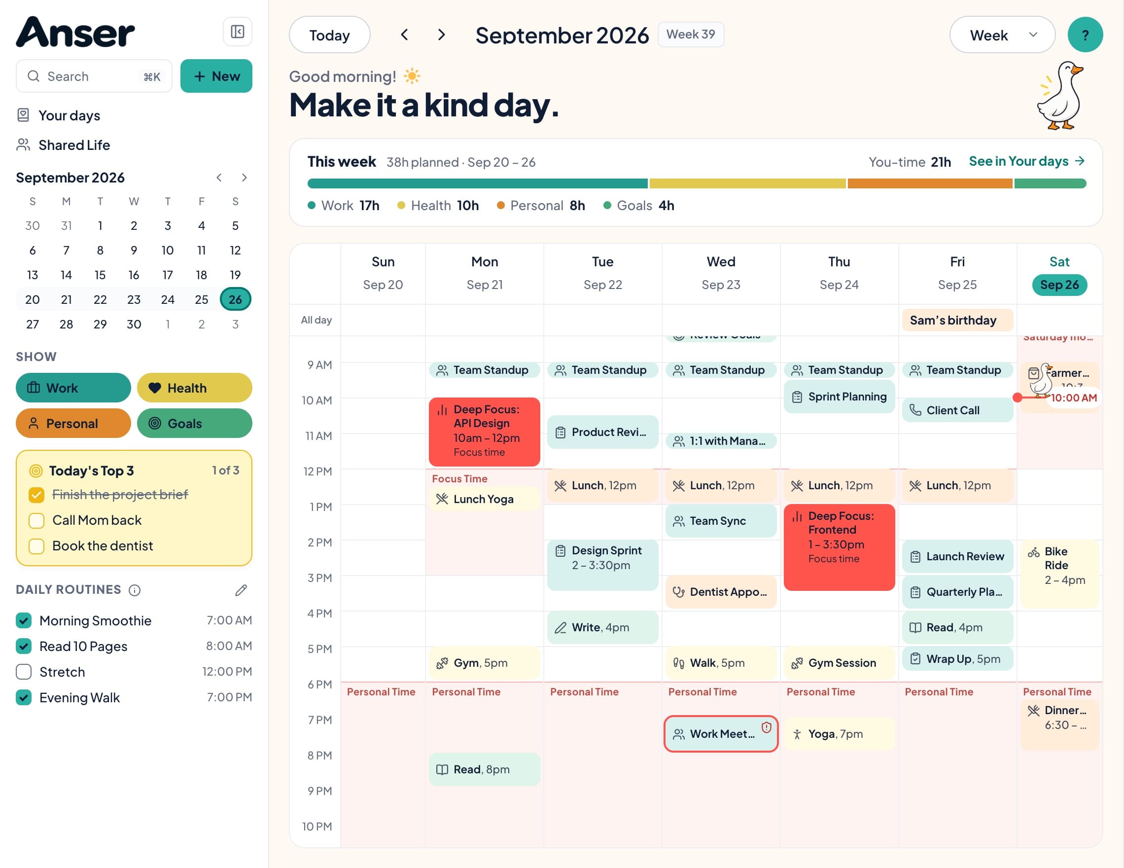The Anser calendar in week view: this week's hours by category, work, health and personal events, coral Deep Focus blocks, evenings marked as Personal Time, and Today's Top 3 and daily routines in the sidebar