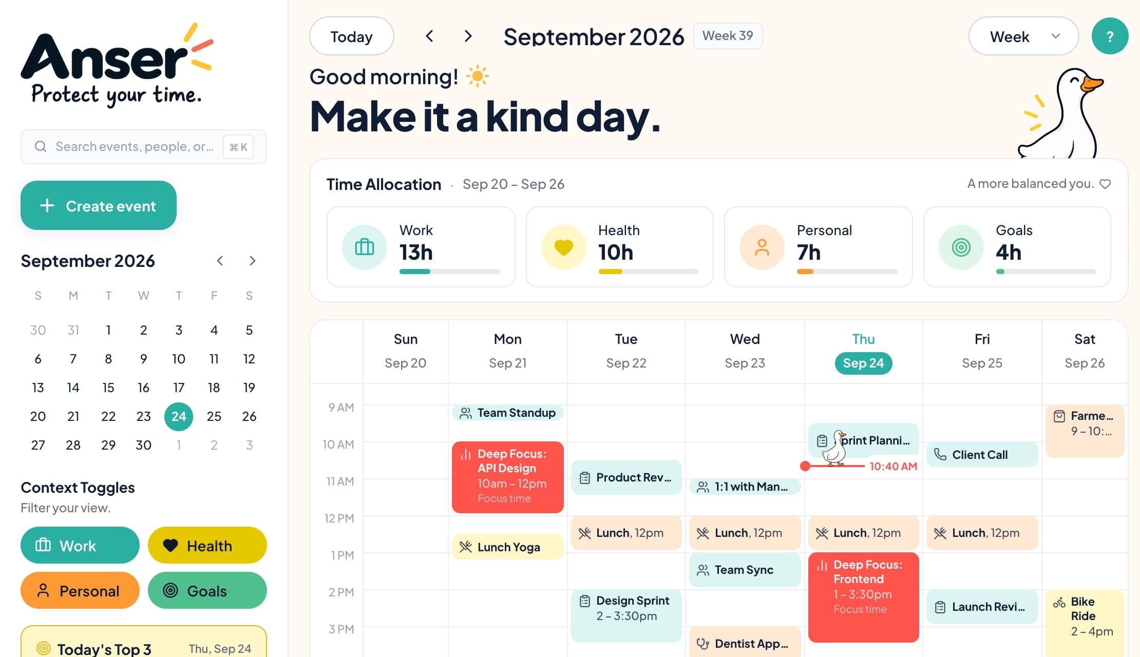 The Anser calendar: a week view with work, health and personal events, coral deep focus blocks, and a Top 3 list in the sidebar